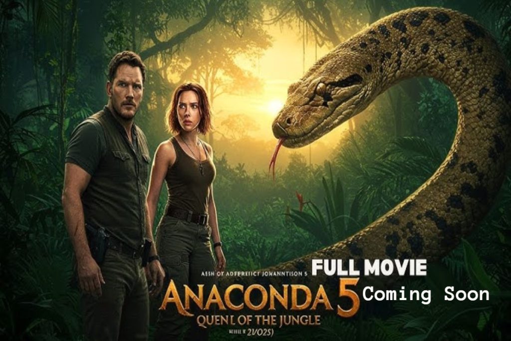 Poster of Anaconda 5 movie with two characters and a giant snake in the jungle.