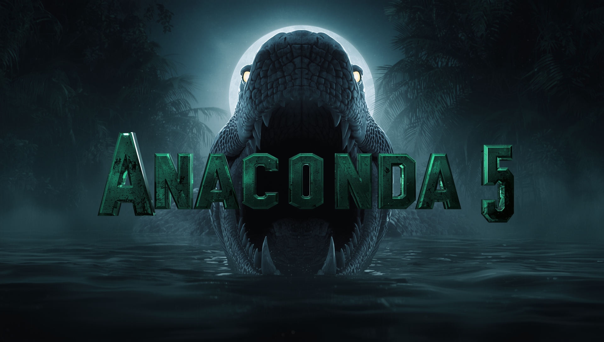Poster of Anaconda 5 movie with two characters and a giant snake in the jungle.