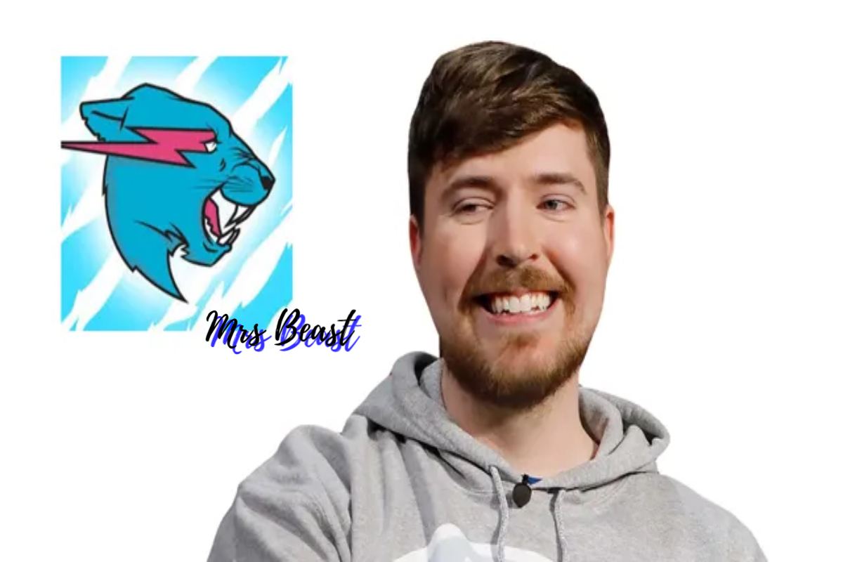 Smiling man in gray hoodie next to a blue lightning panther logo with text "Mrs Beast