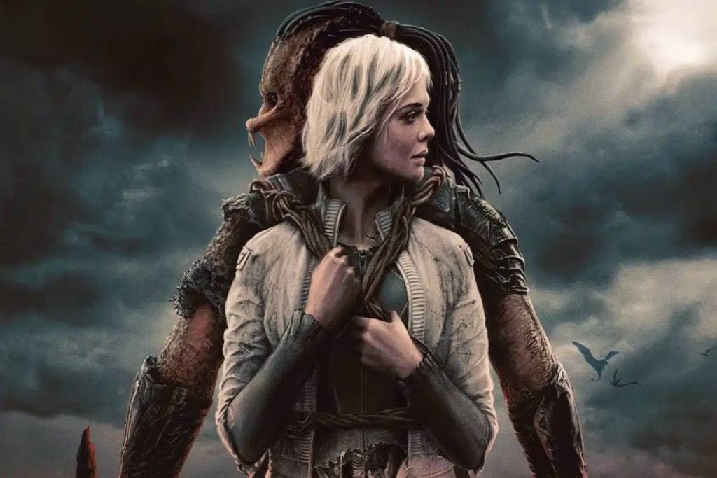 Predator Badlands movie poster featuring the alien hunter in a desert battlefield.