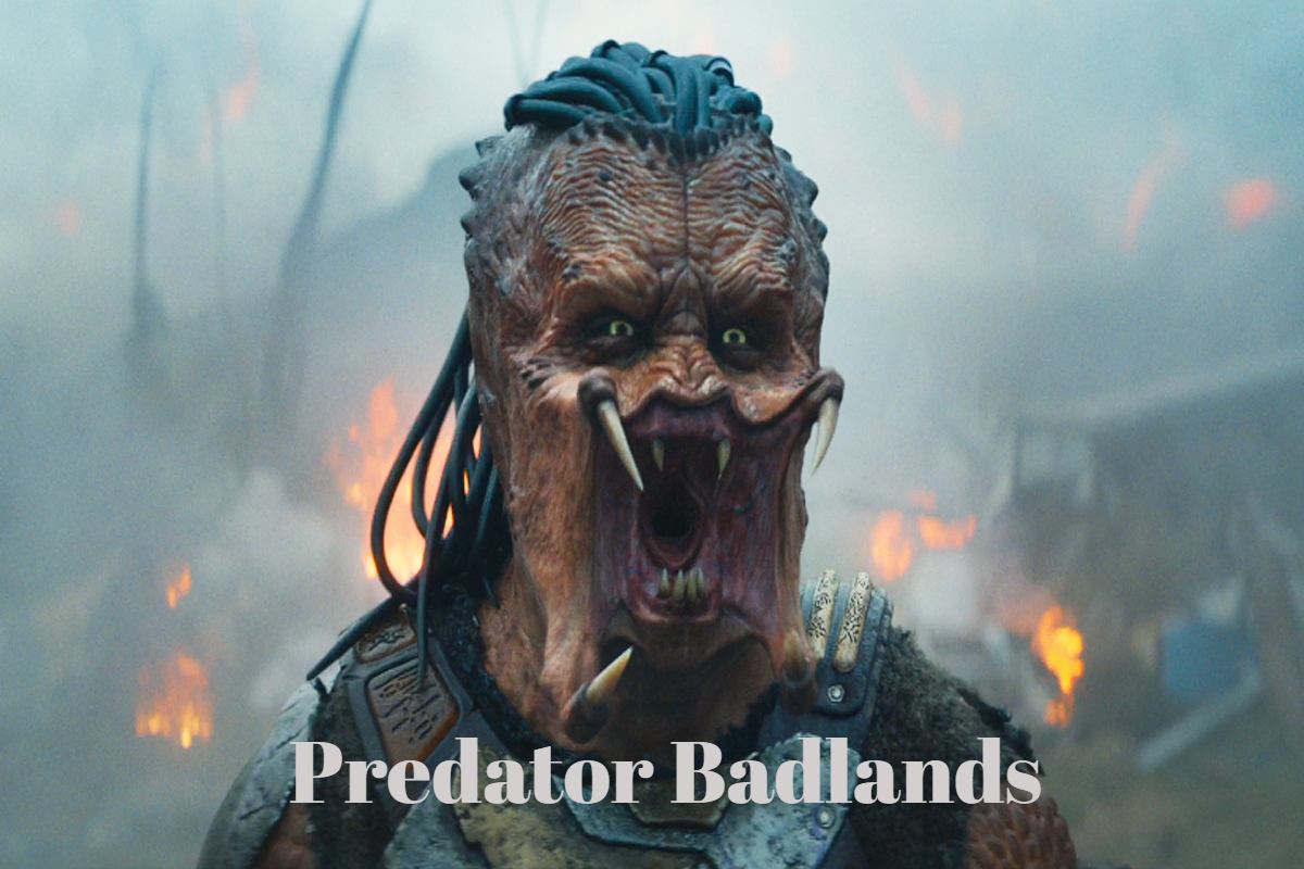 Predator Badlands scene showing a lone survivor facing the predator at dusk.