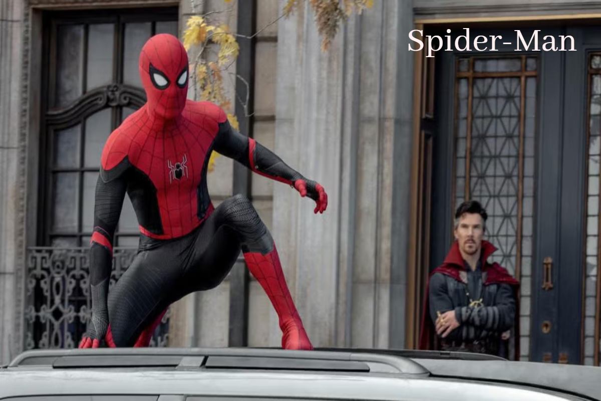Spider-Man climbing walls, webbing through city streets at sunset.