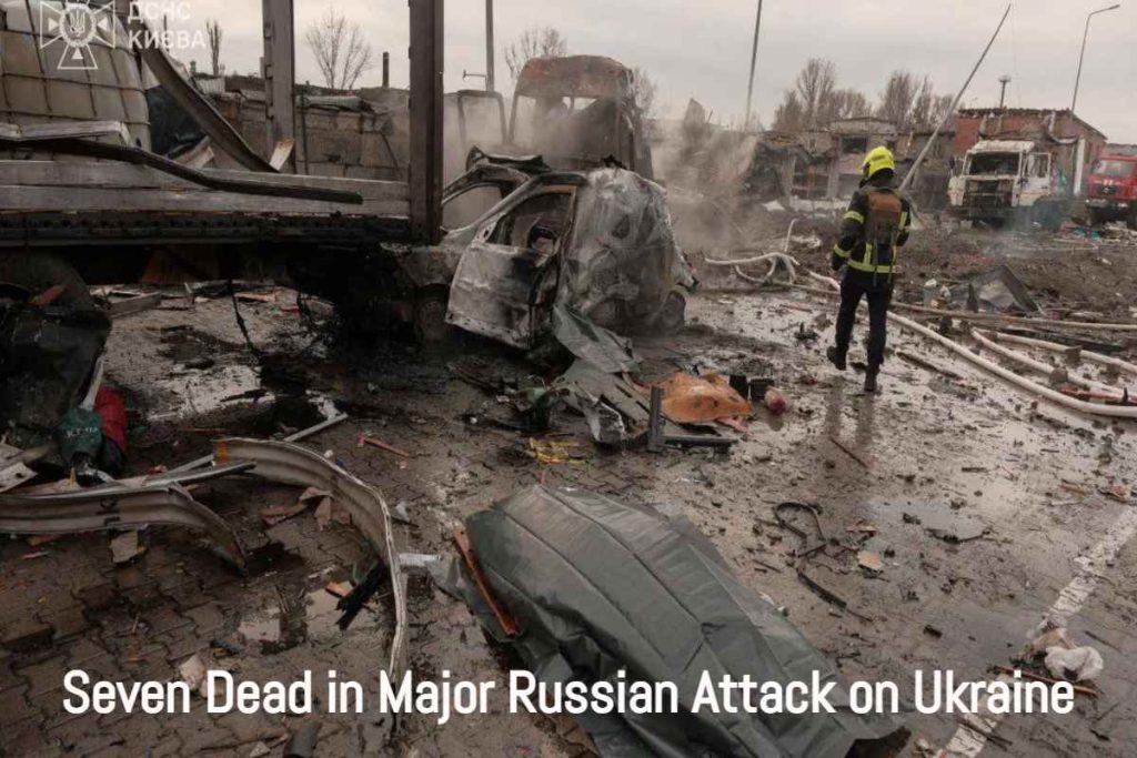 Seven killed in Russian strikes across Ukraine, damaged buildings and rescue operations in Dnipro and other cities.