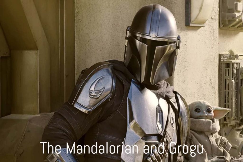 The Mandalorian and Grogu cinematic Star Wars adventure scene.
